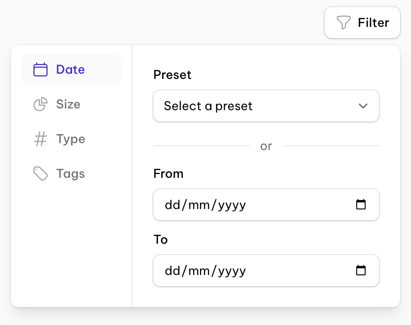 Filter by date, size, type and tags