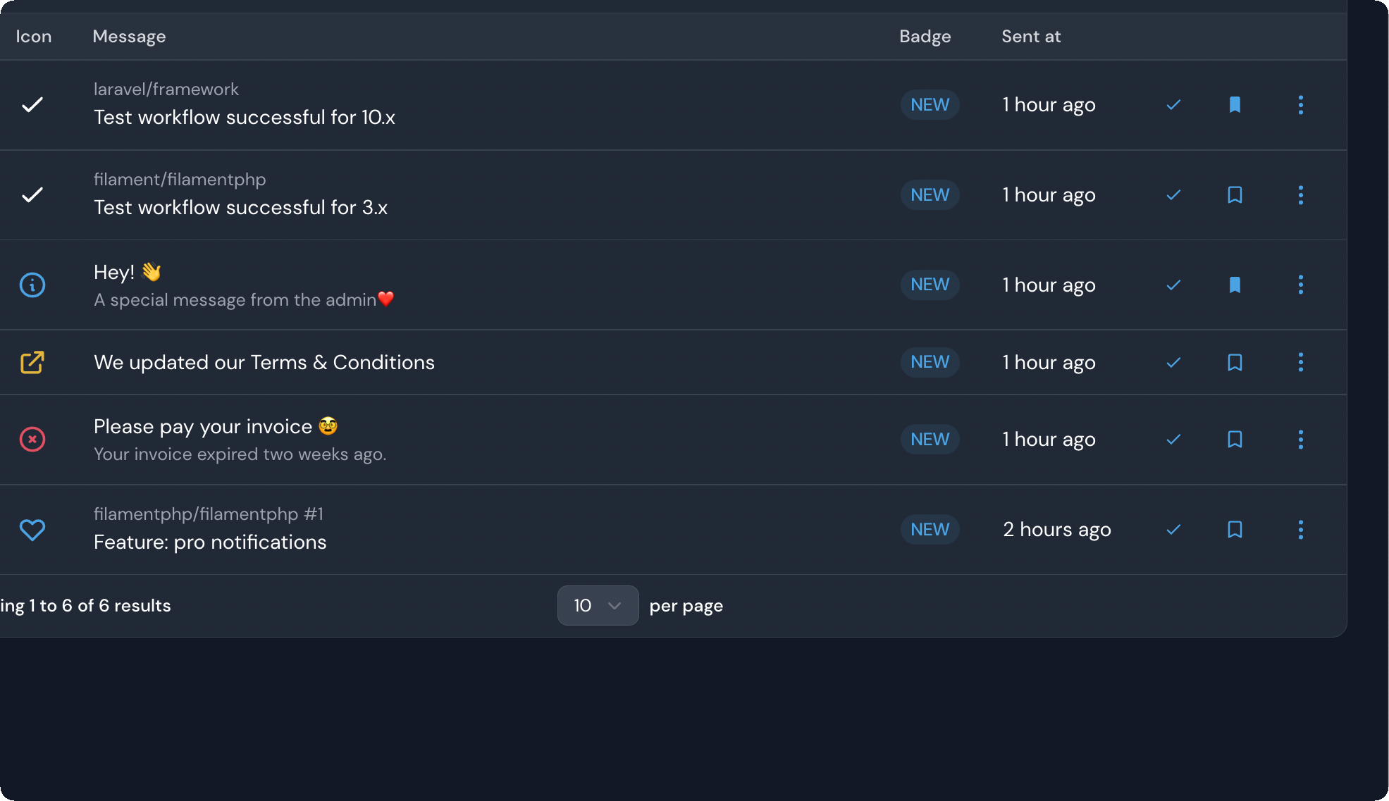 Notifications inbox in dark mode
